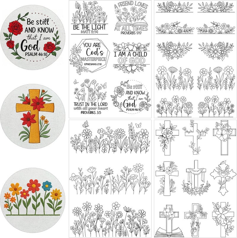 CRASHOT Water Soluble Stabilizer for Embroidery - Bible Flower Stick & Stitch Embroidery Paper Wash Away, Wildflower Cross Embroider Patterns for Jean Bag Tshirt, Hand Sewing DIY Crafts(4 Sheet) - Image 1